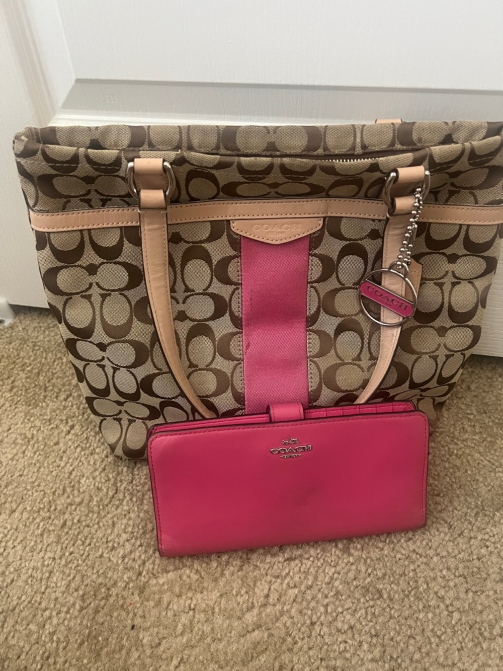 Coach Brown Signature Tote with Pink Stripe and Pink Wallet